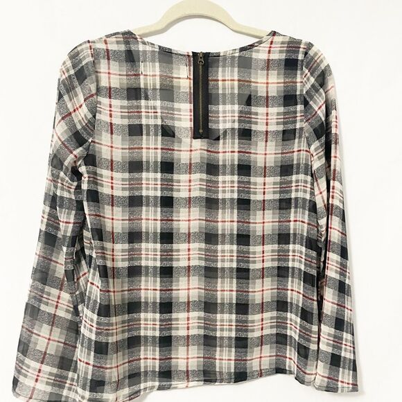 🟢Vintage Havana Plaid Semi Sheer V Neck Blouse Black Tan Red S - Picture 5 of 7